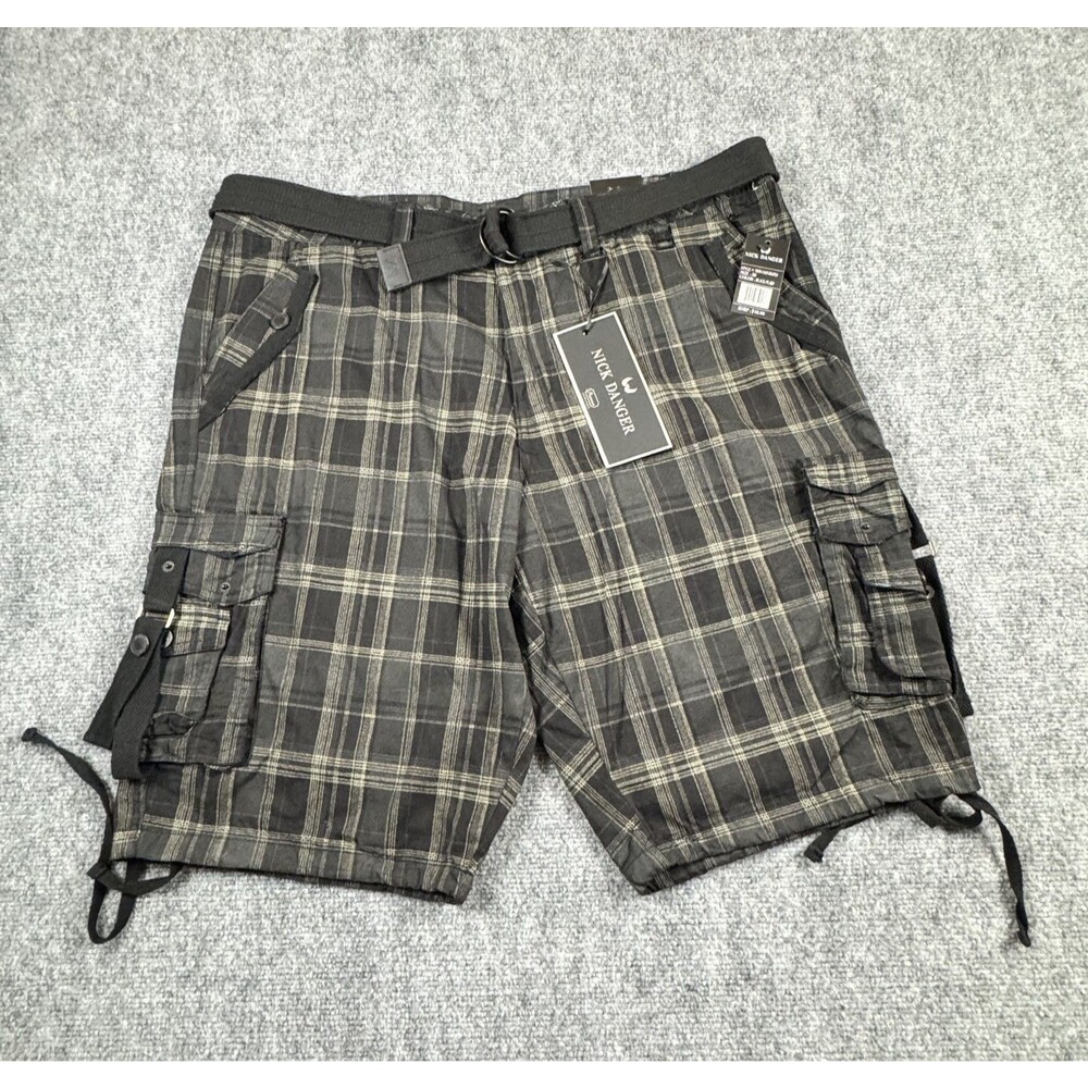 Nick Danger Men’s Plaid Cargo Shorts Size 38 Belted Black/Gray